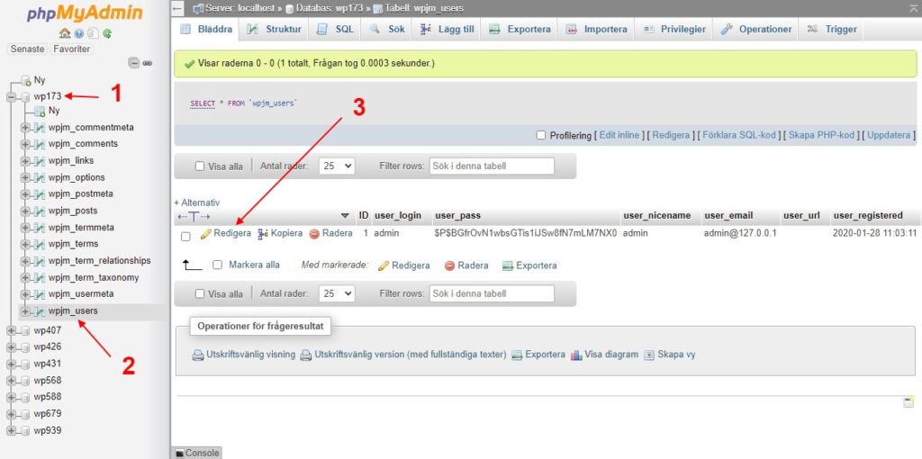 Ändra WordPress lösenord via phpmyadmin