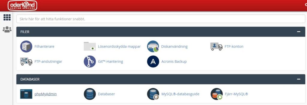 Kontrollpanel Oderland för phpmyadmin databas
