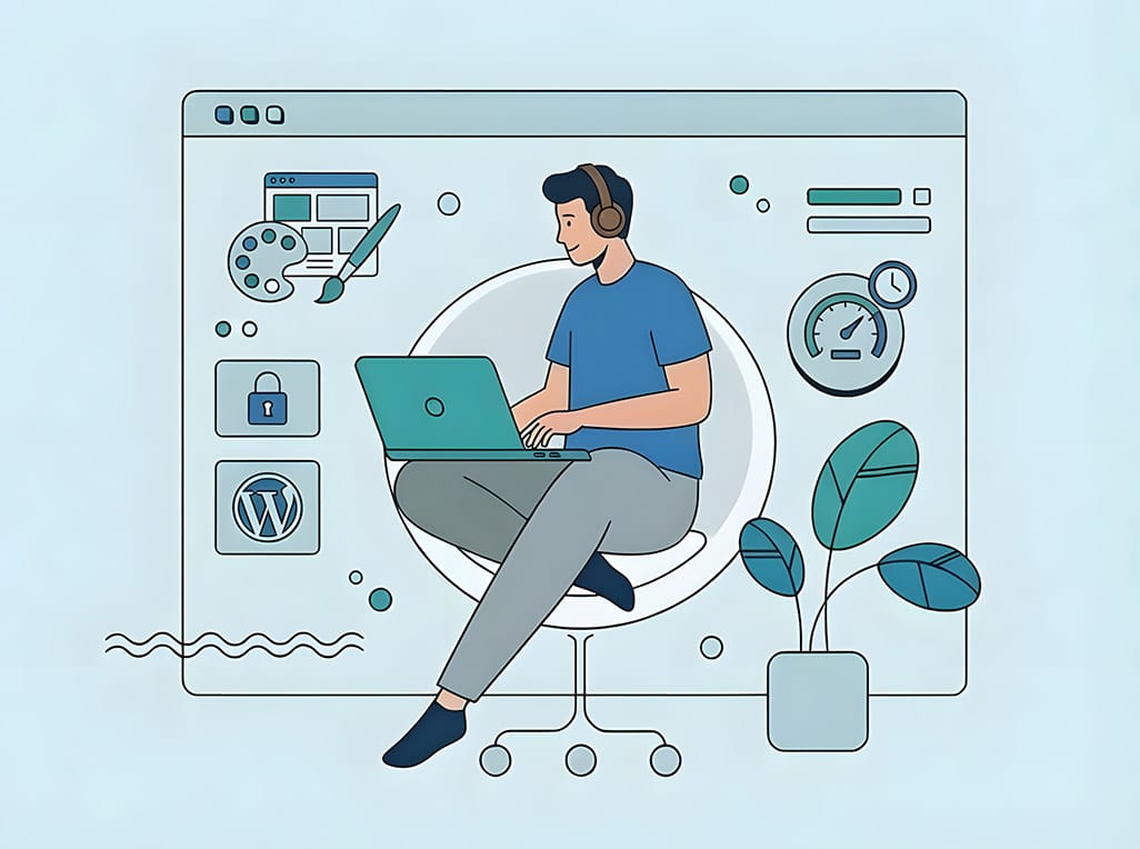 WordPress utvecklare som sitter med sin bärbara dator på en stol